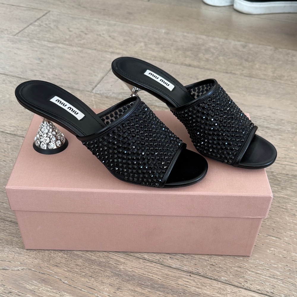 Miu Miu Black Crystal Embellished Mules Size 38.5